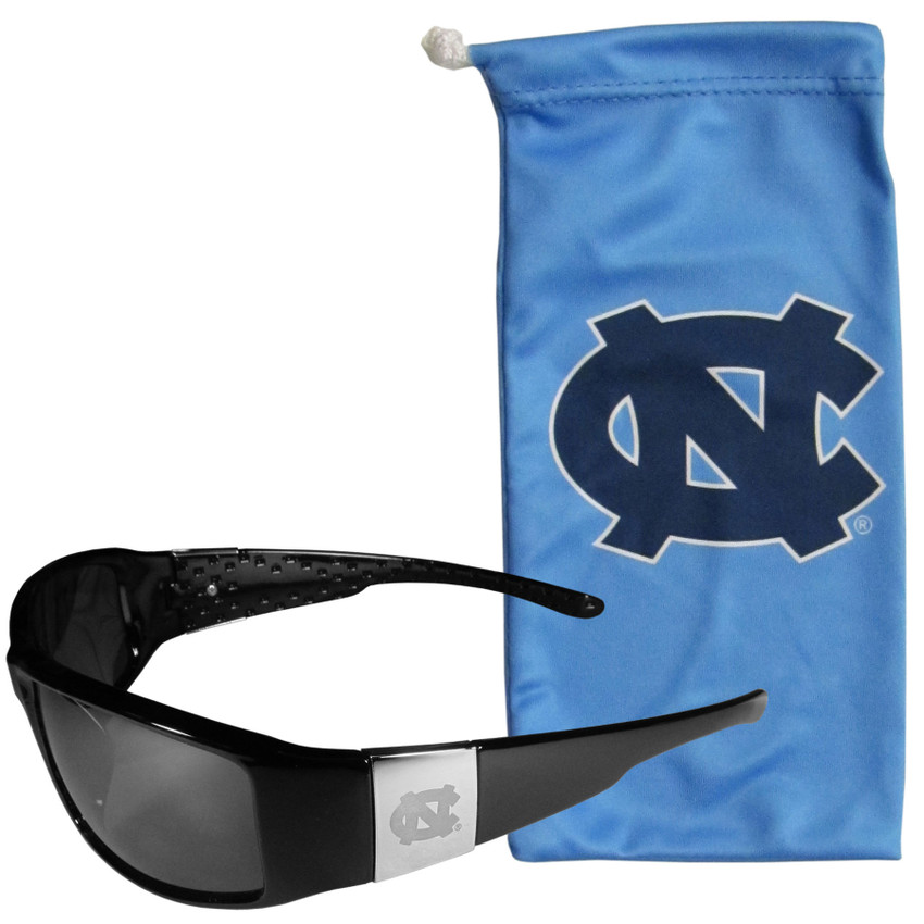N. Carolina Tar Heels Etched Chrome Wrap Sunglasses and Bag