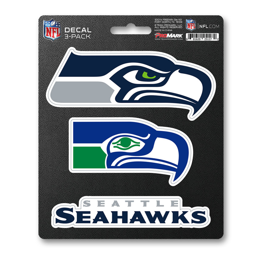 Seattle Seahawks Decal 3-pk 3 Various Logos / Wordmark Blue, Green & Gray