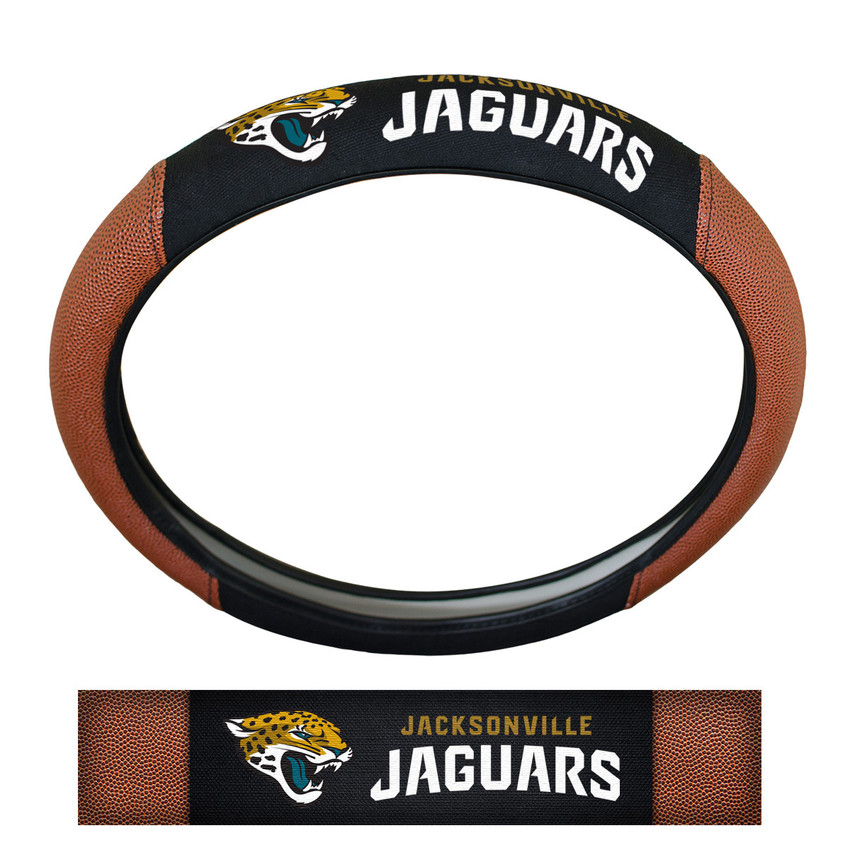 Jacksonville Jaguars Sports Grip Steering Wheel Cover Primary Logo and Wordmark Tan & Black