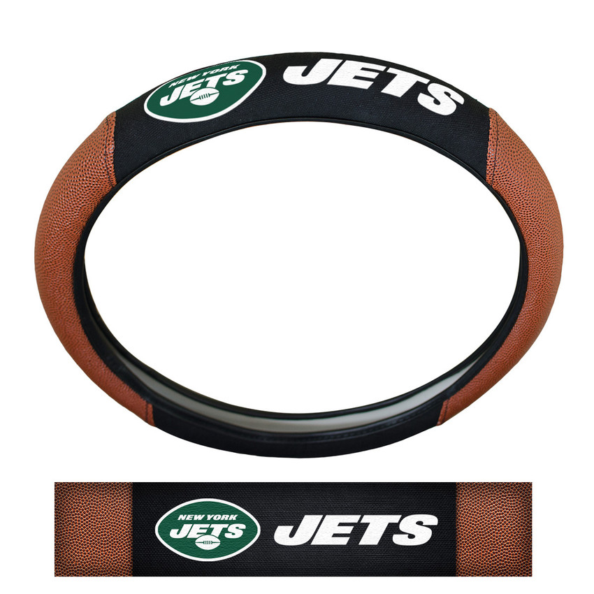 New York Jets Sports Grip Steering Wheel Cover Primary Logo and Wordmark Tan & Black