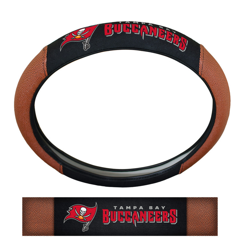 Tampa Bay Buccaneers Sports Grip Steering Wheel Cover Primary Logo and Wordmark Tan & Black