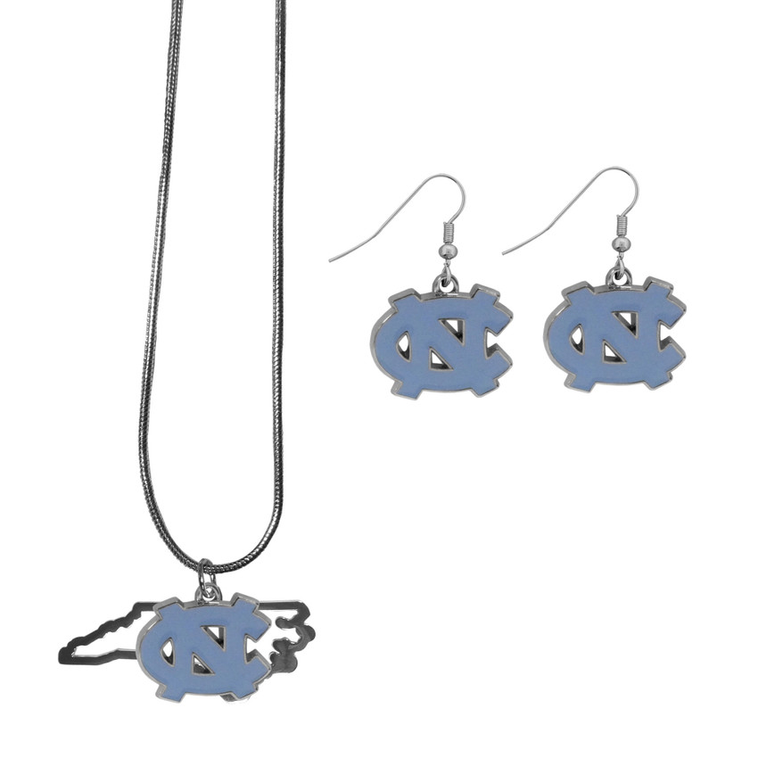 N. Carolina Tar Heels Dangle Earrings and State Necklace Set