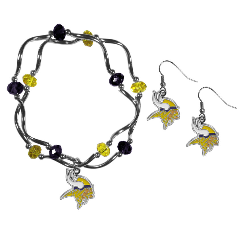 Minnesota Vikings Dangle Earrings and Crystal Bead Bracelet Set