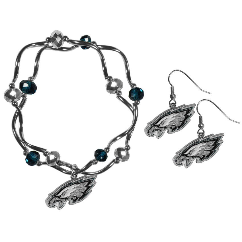 Philadelphia Eagles Dangle Earrings and Crystal Bead Bracelet Set