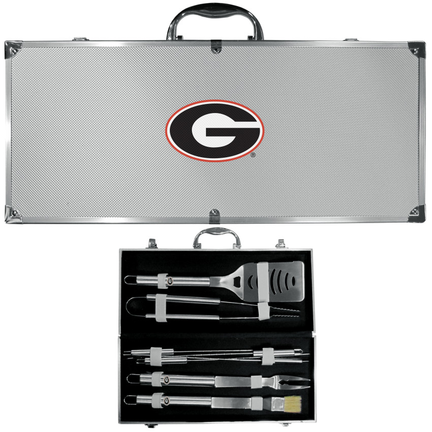 Georgia Bulldogs 8 pc Stainless Steel BBQ Set w/Metal Case