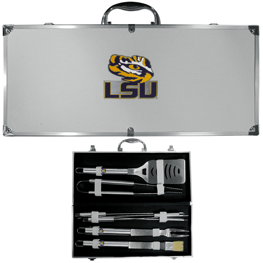 LSU Tigers 8 pc Stainless Steel BBQ Set w/Metal Case