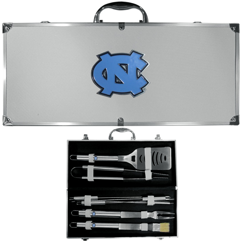 N. Carolina Tar Heels 8 pc Stainless Steel BBQ Set w/Metal Case