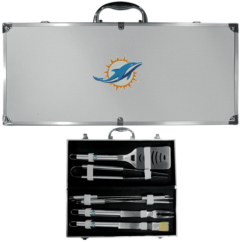 Miami Dolphins 8 pc Stainless Steel BBQ Set w/Metal Case