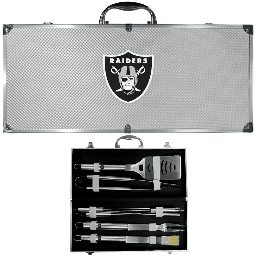 Las Vegas Raiders 8 pc Stainless Steel BBQ Set w/Metal Case