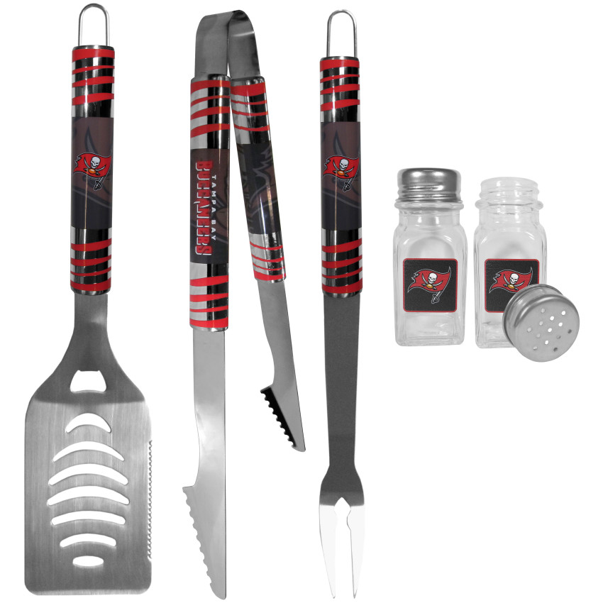 Tampa Bay Buccaneers 3 pc Tailgater BBQ Set and Salt and Pepper Shakers