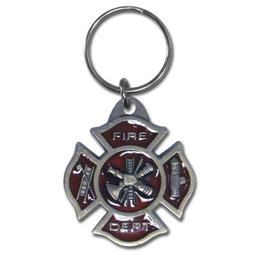 Fire Department Maltese Cross Metal Key Chain with Enameled Details