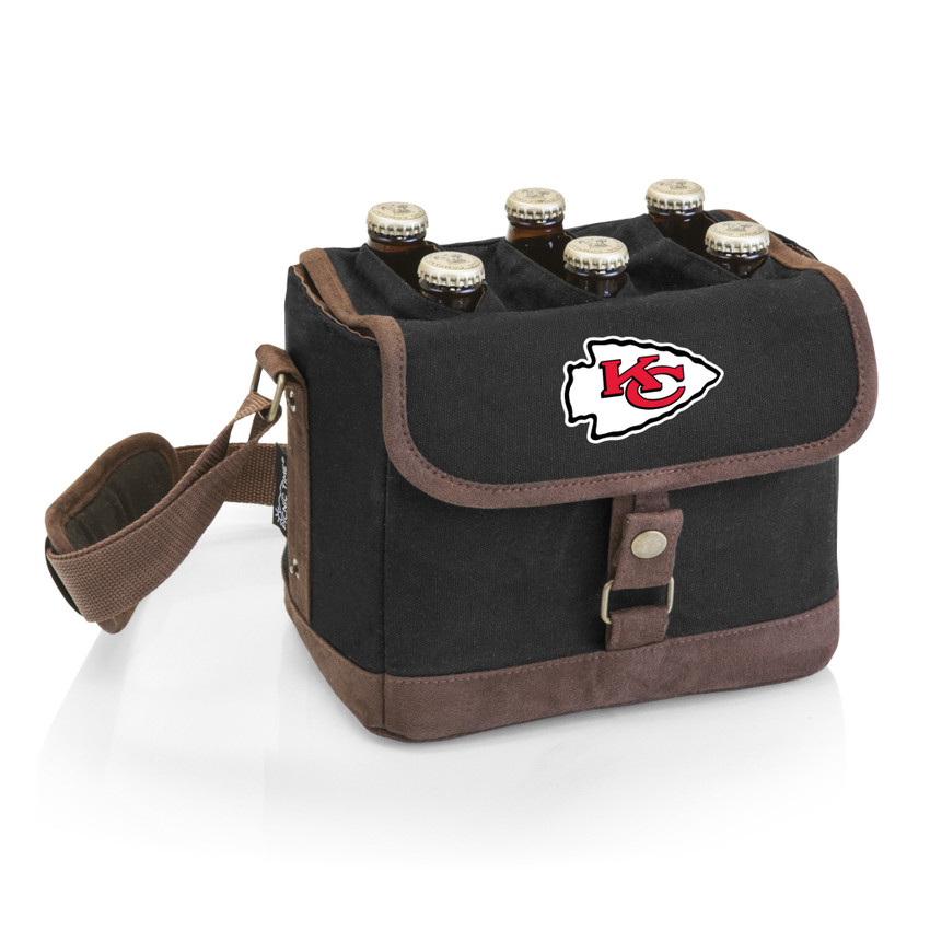 Kansas City Chiefs Beer Caddy Cooler Tote with Opener, (Black with Brown Accents)
