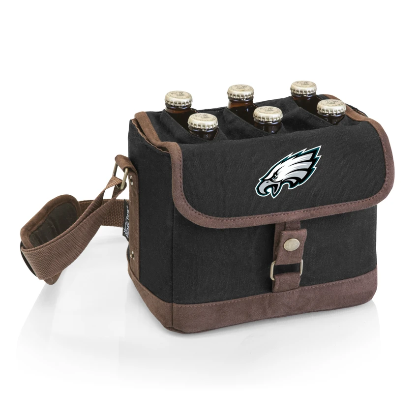 Philadelphia Eagles Beer Caddy Cooler Tote with Opener, (Black with Brown Accents)