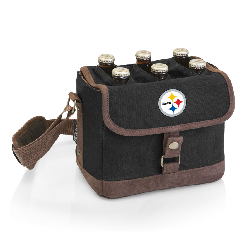 Pittsburgh Steelers Beer Caddy Cooler Tote with Opener, (Black with Brown Accents)
