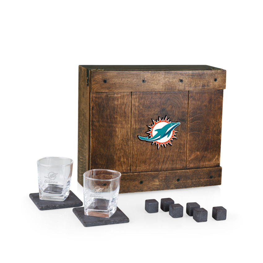 Miami Dolphins Whiskey Box Gift Set, (Oak Wood)