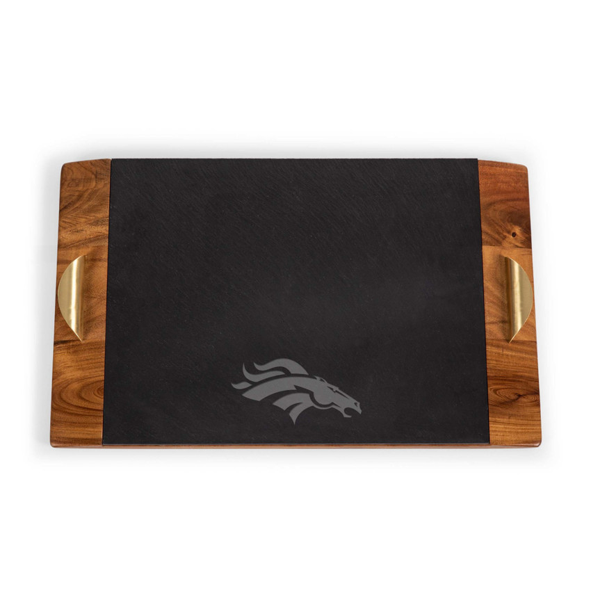 Denver Broncos Covina Acacia and Slate Serving Tray, (Acacia Wood & Slate Black with Gold Accents)