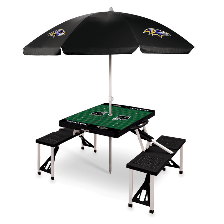 Baltimore Ravens Picnic Table Portable Folding Table with Seats and Umbrella, (Black)