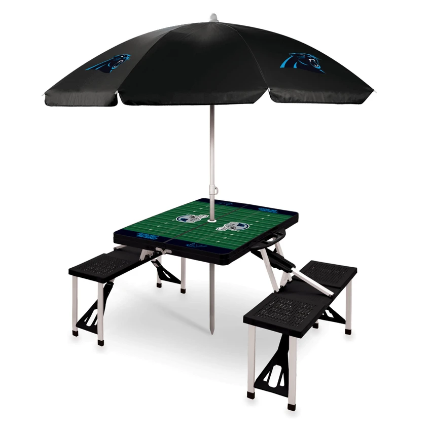 Carolina Panthers Picnic Table Portable Folding Table with Seats and Umbrella, (Black)