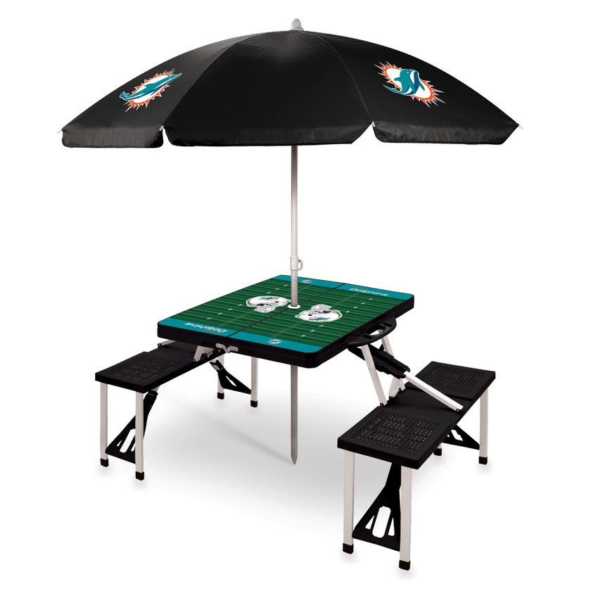 Miami Dolphins Picnic Table Portable Folding Table with Seats and Umbrella, (Black)