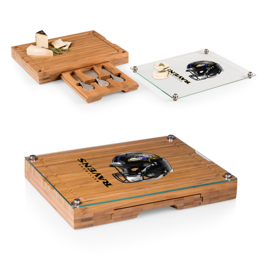 Baltimore Ravens Concerto Glass Top Cheese Cutting Board & Tools Set, (Bamboo)