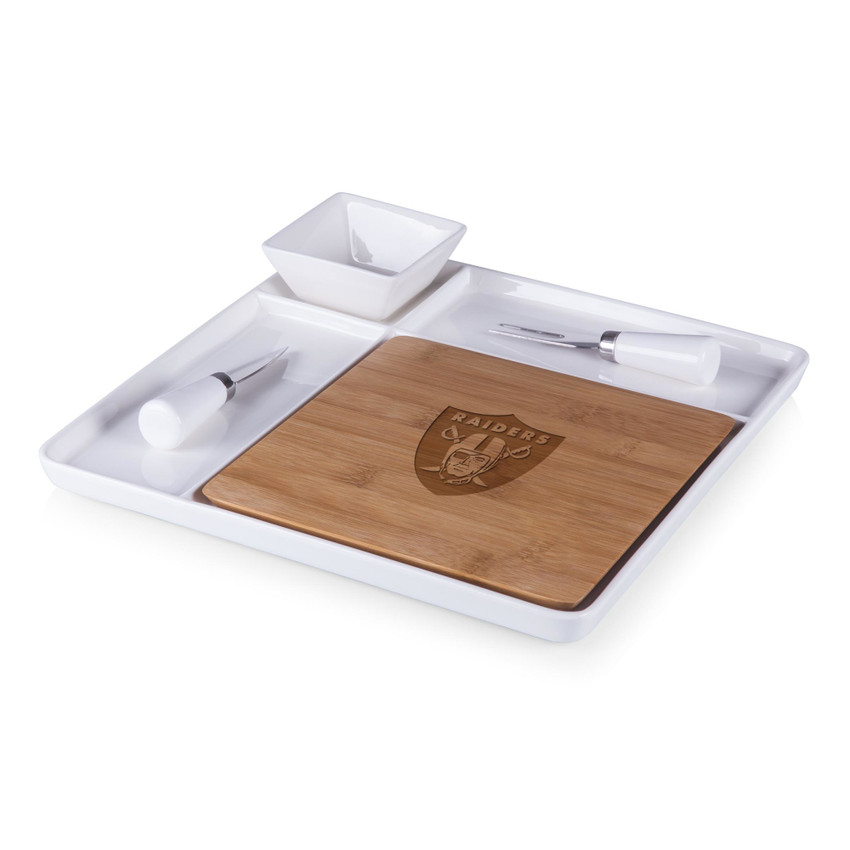 Las Vegas Raiders Peninsula Cutting Board & Serving Tray, (Bamboo & White Ceramic)
