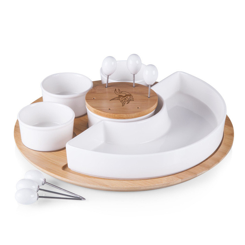 Minnesota Vikings Symphony Appetizer Serving Tray Set, (Bamboo & White Ceramic)