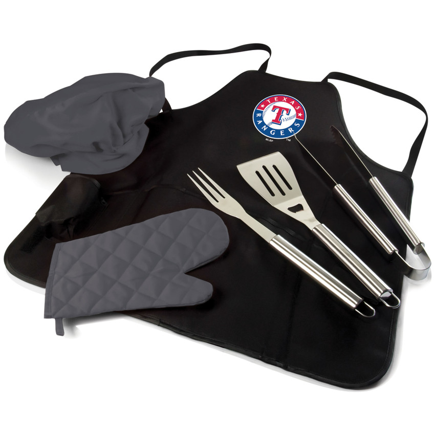 Texas Rangers BBQ Apron Tote Pro Grill Set (Black with Gray Accents)