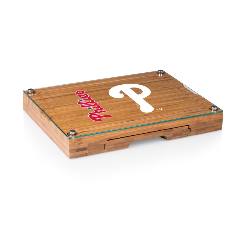Philadelphia Phillies Concerto Glass Top Cheese Cutting Board & Tools Set (Bamboo)