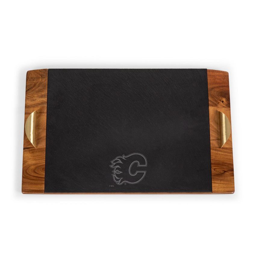 Calgary Flames Covina Acacia and Slate Serving Tray, (Acacia Wood & Slate Black with Gold Accents)