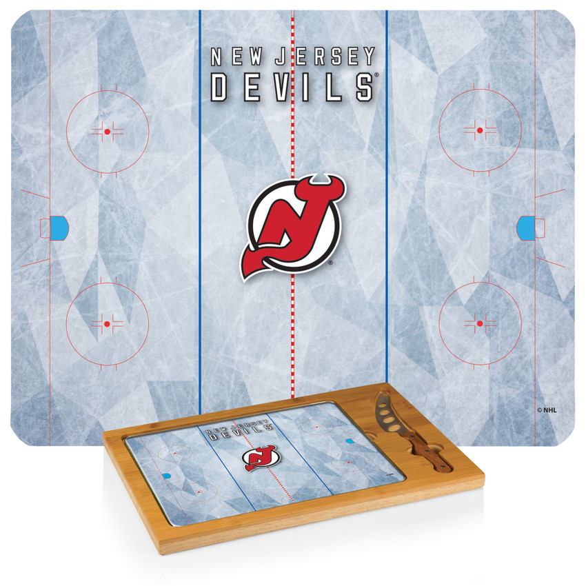 New Jersey Devils Hockey Rink Icon Glass Top Cutting Board & Knife Set, (Parawood & Bamboo)