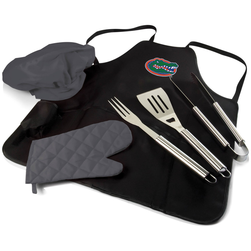 Florida Gators BBQ Apron Tote Pro Grill Set, (Black with Gray Accents)