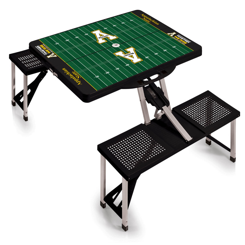 App State Mountaineers Football Field Picnic Table Portable Folding Table with Seats, (Black)