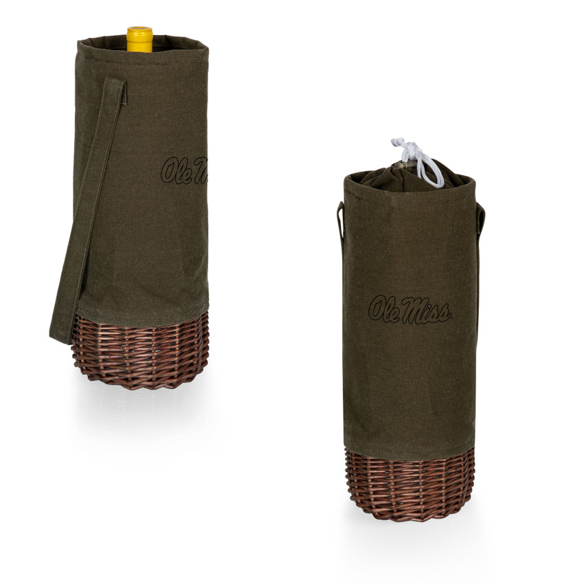 Ole Miss Rebels Malbec Insulated Canvas and Willow Wine Bottle Basket, (Khaki Green with Beige Accents)
