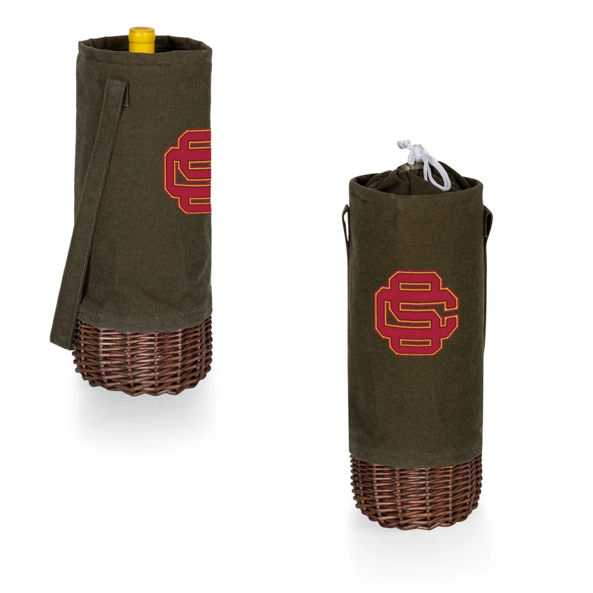 USC Trojans Alternate Malbec Insulated Canvas and Willow Wine Bottle Basket, (Khaki Green with Beige Accents)
