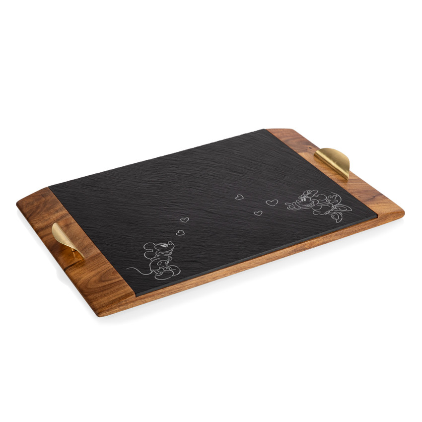 Mickey & Minnie Mouse Covina Acacia and Slate Serving Tray, (Acacia Wood & Slate Black with Gold Accents)