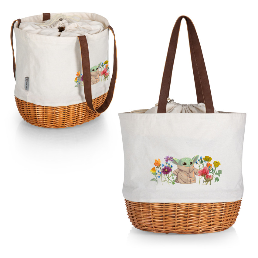 Mandalorian The Child Flowers Coronado Canvas and Willow Basket Tote, (Beige Canvas)