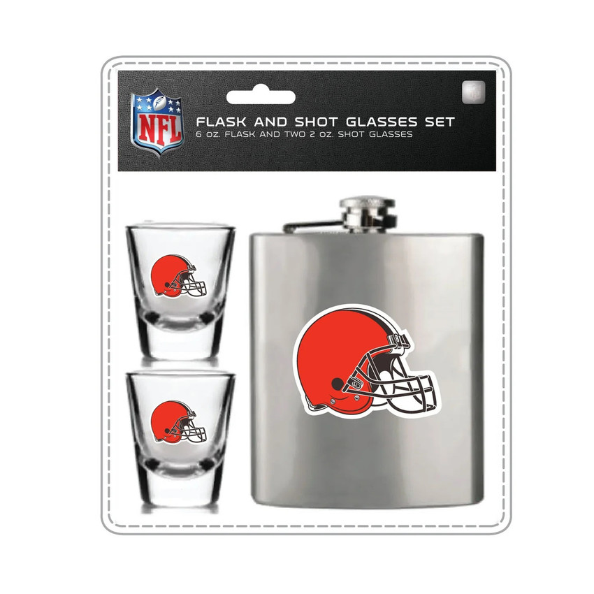 Cleveland Browns Flask and Shot Glass Set Stainless Steel Barware Fan Gear