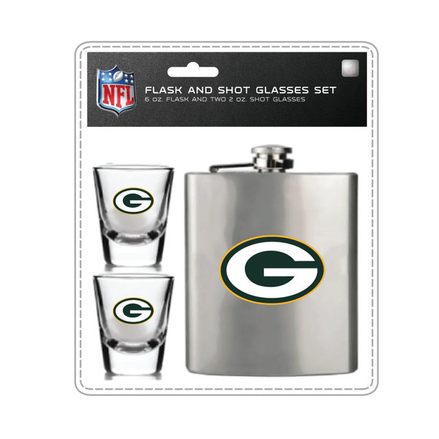Green Bay Packers Flask and Shot Glass Set Stainless Steel Barware Fan Gear