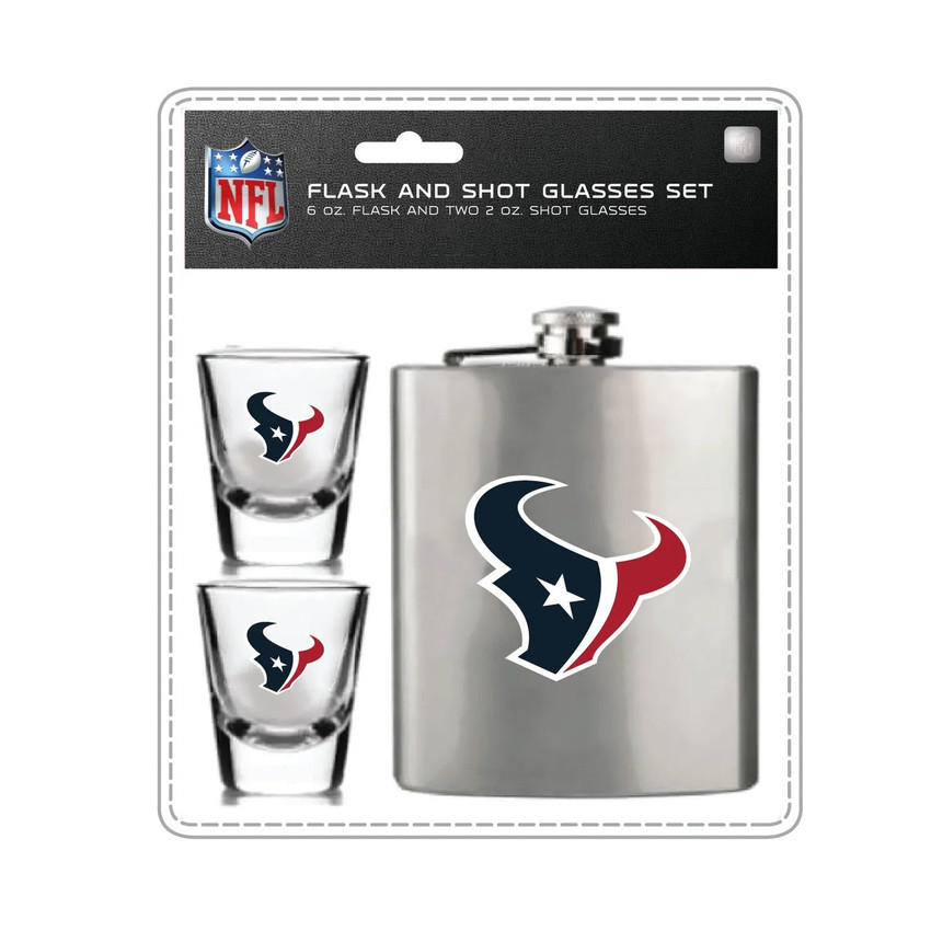 Houston Texans Flask and Shot Glass Set Stainless Steel Barware Fan Gear