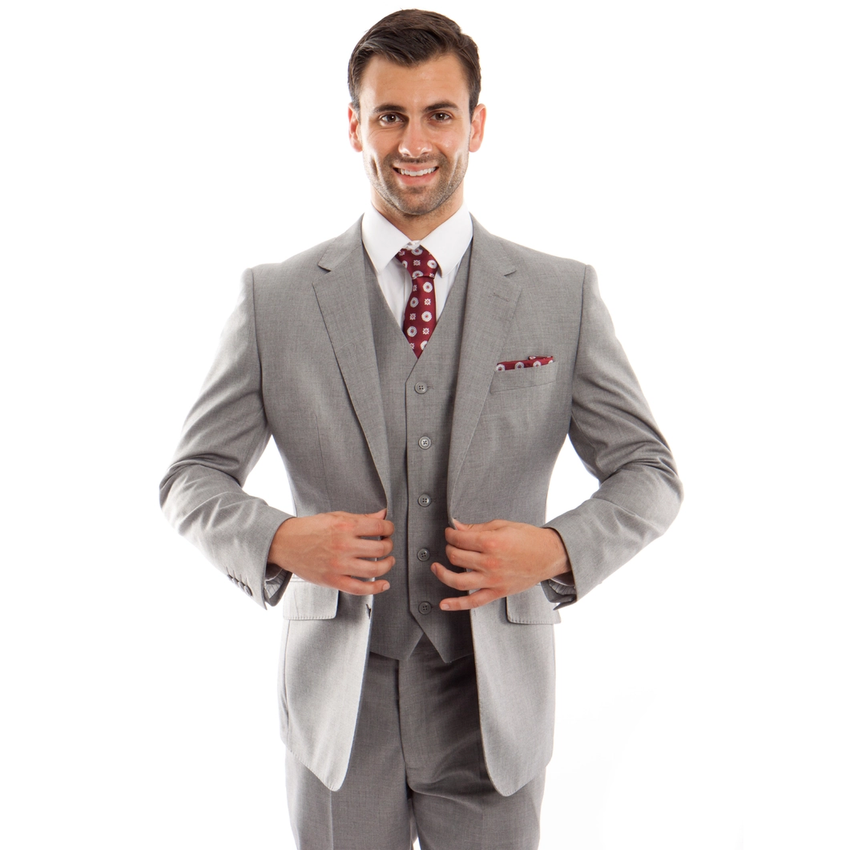 Mens Suit Premium Wool 3pc Modern Fit with Vest Gray