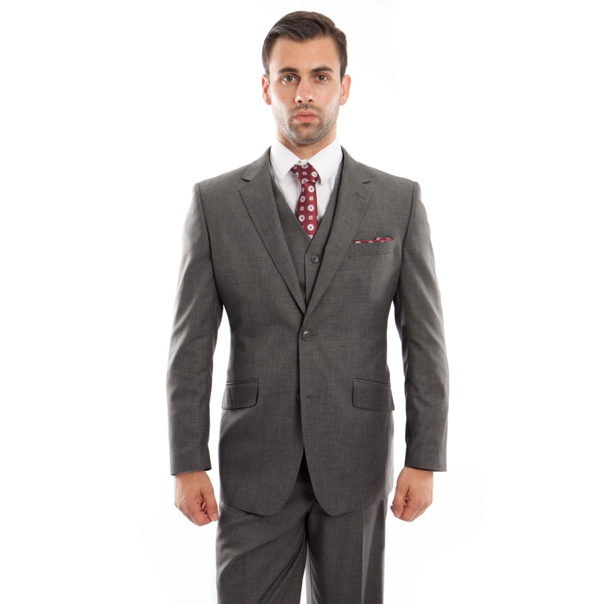 Mens Suit Premium Wool 3pc Modern Fit with Vest Dark Gray