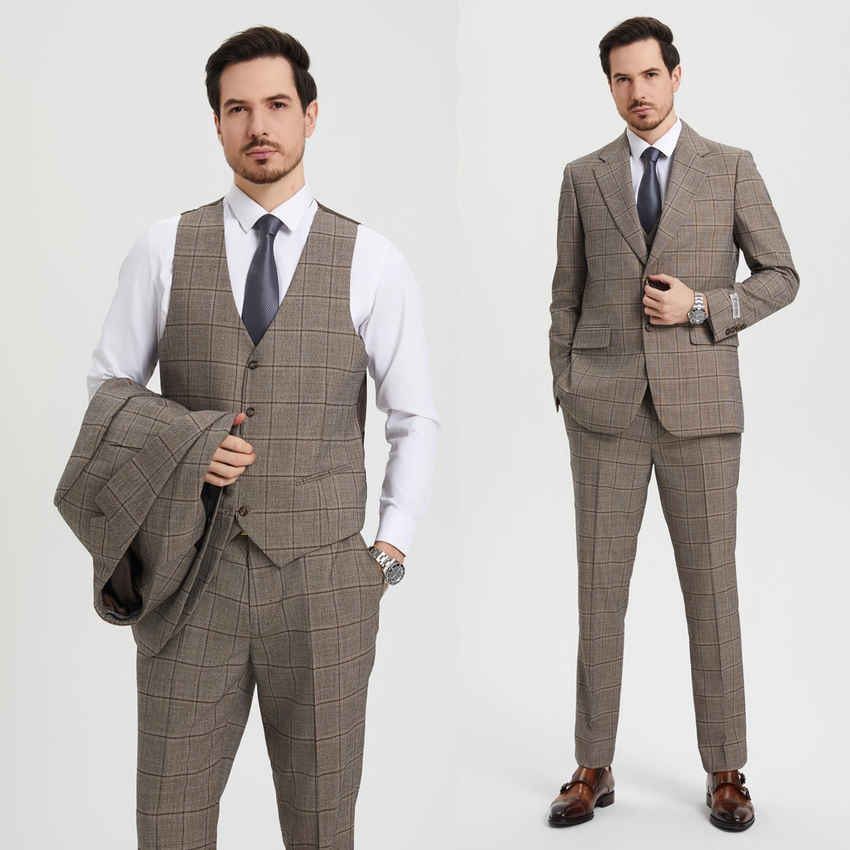 Stacy Adams Plaid Mens Suit 3pc with Vest - Light Brown