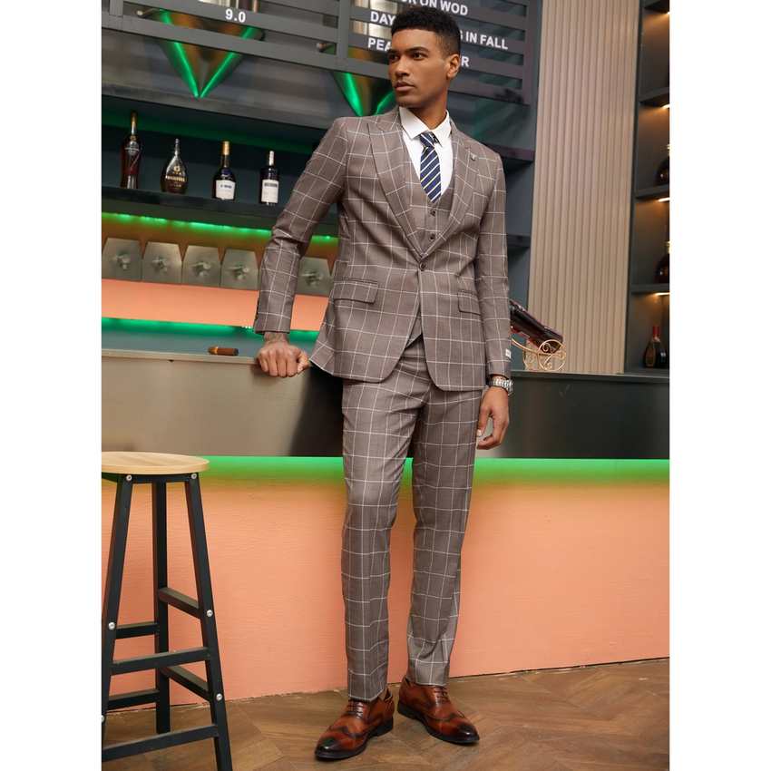 Stacy Adams Windowpane Mens Suit 3pc Vested - Brown