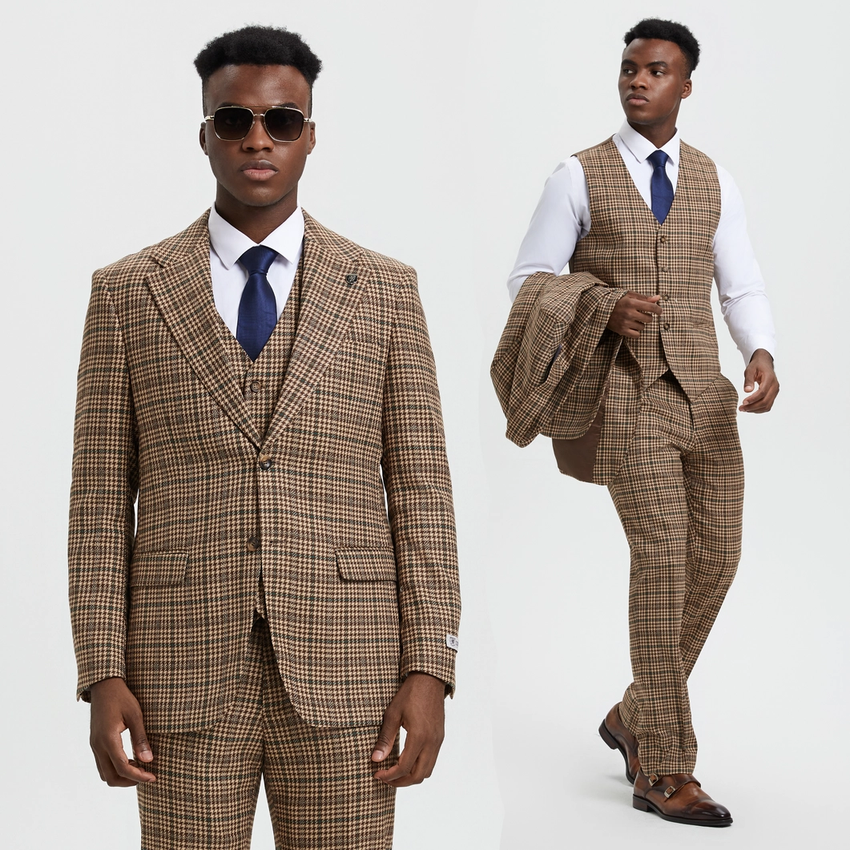Stacy Adams 3-Piece Plaid Suit Hybrid Fit - Brown (SM162H1)