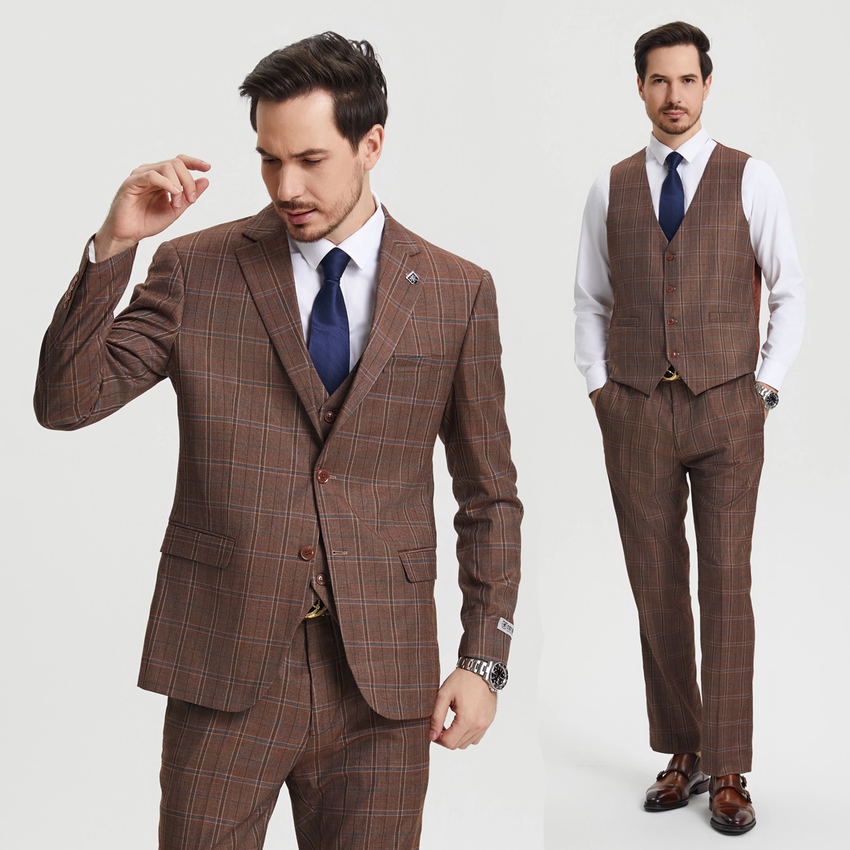 Stacy Adams 3-Piece Plaid Suit Hybrid Fit - Brown (SM159H1)