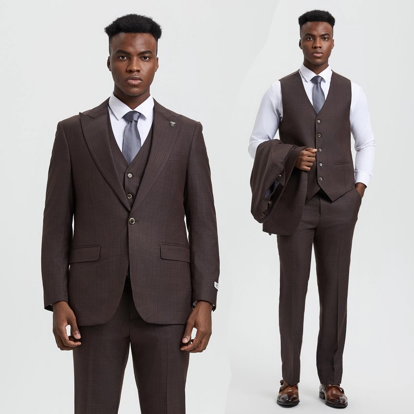 Stacy Adams 3-Piece Windowpane Suit - Dark Brown (SM161H1)