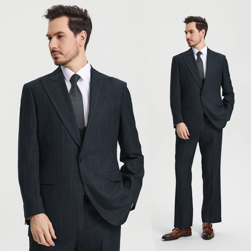 Stacy Adams 3-Piece Plaid Suit Peak Lapel - Black (SM172H1)