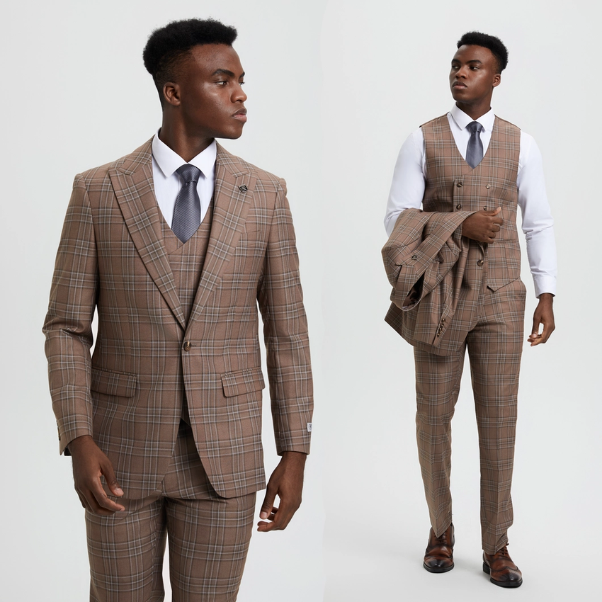 Stacy Adams 3-Piece Plaid Suit Double Breast Vest - Brown (SM170H1)