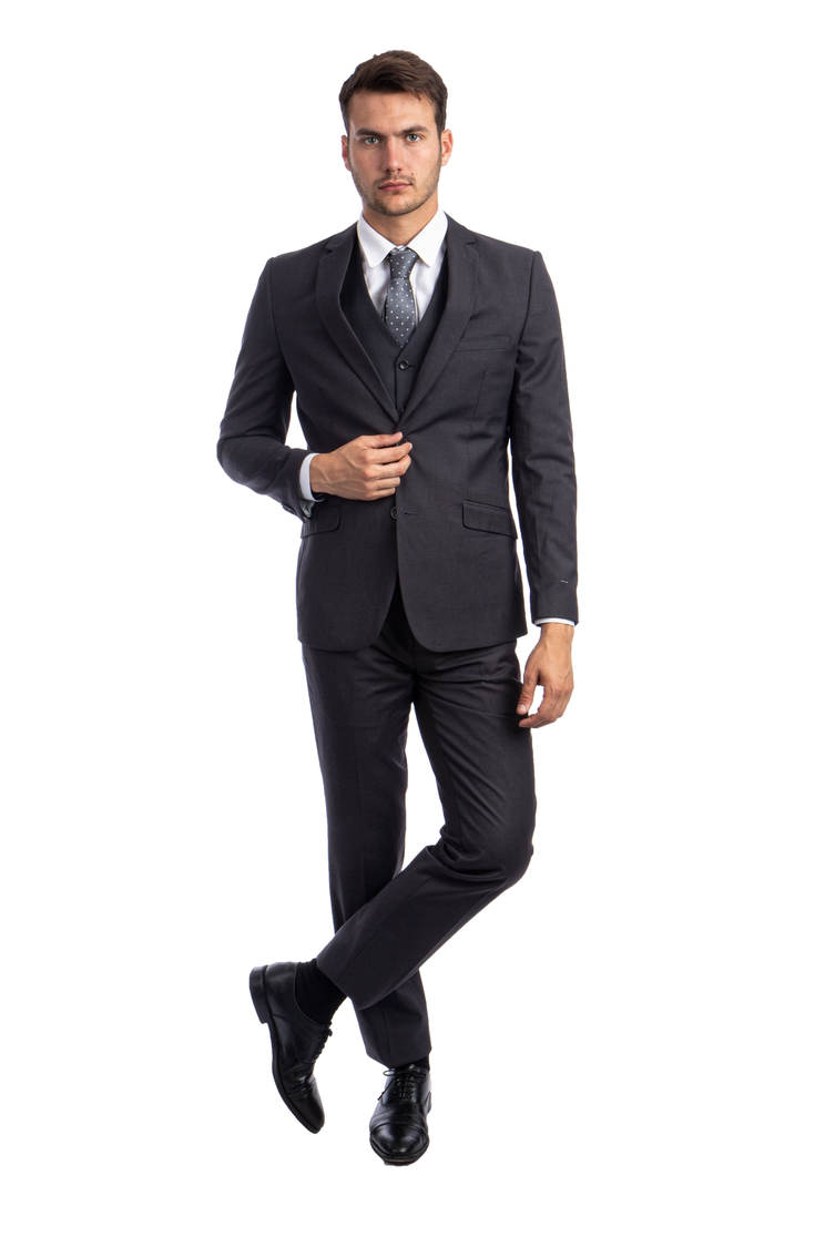 Men's Hybrid Fit 3 Piece Suit (Coat, Vest, Trousers) - Charcoal
