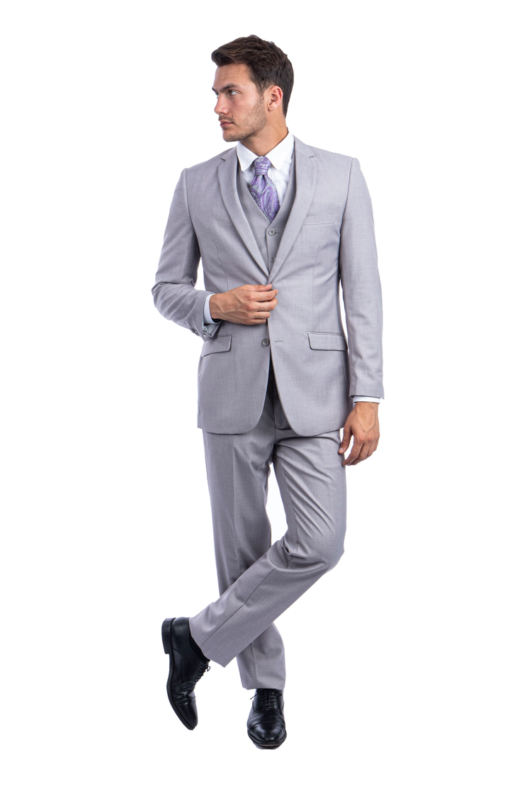 Men's Hybrid Fit 3 Piece Suit (Coat, Vest, Trousers) - Light Grey